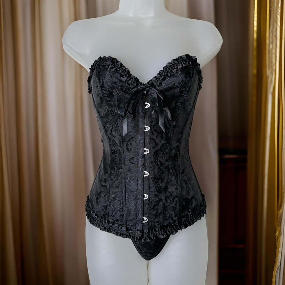 New Small Black Jacquard Lace Up Costume Corset Bustier Devil Angel